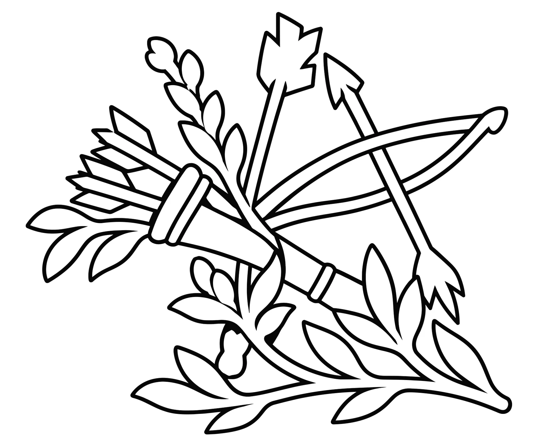 Rama de olivo, carcaj, flechas y arco